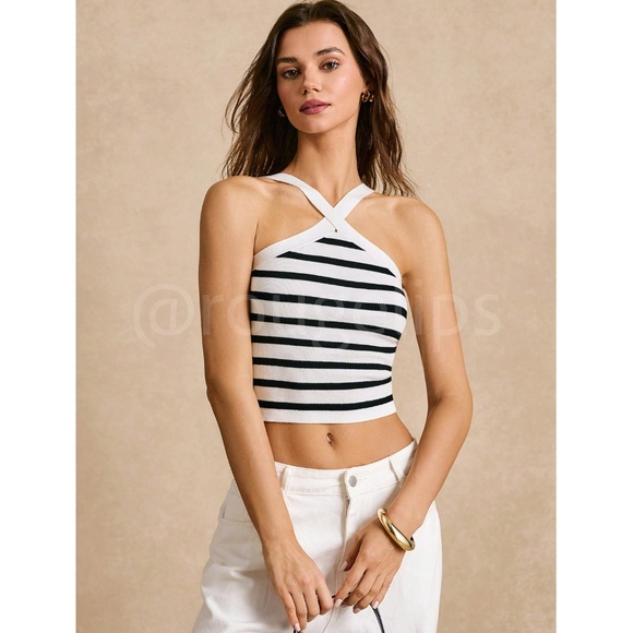 Striped Black White Halter Knit Crop Top - Picture 7 of 9